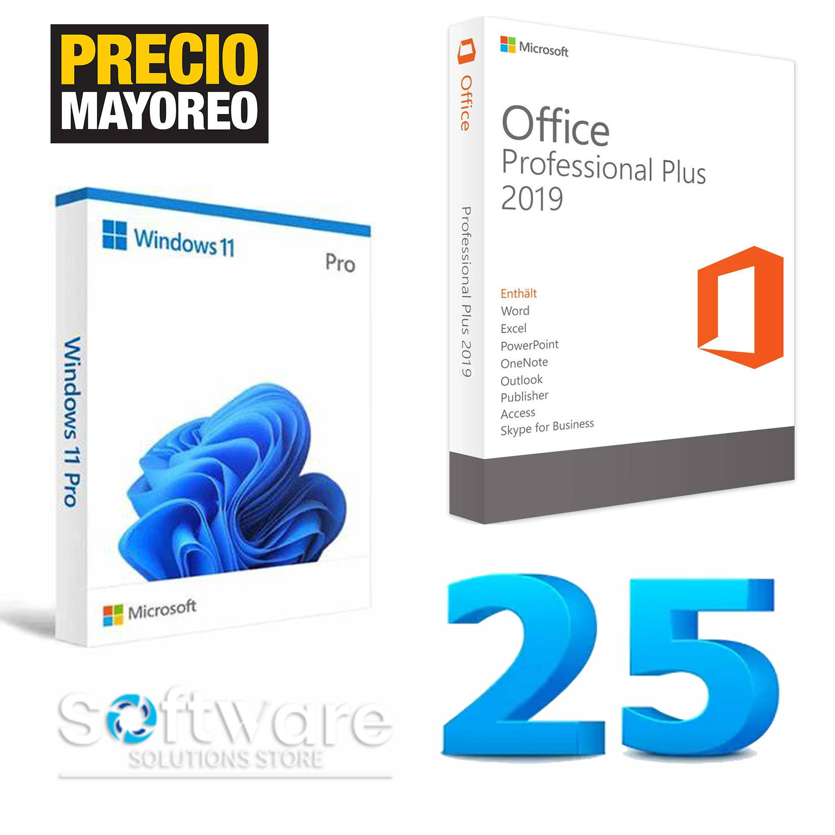 Bundle 25 Licencias Windows 11 Pro + Paquetería Microsoft Office Professional 2019 Digital Key